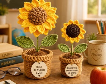 Regalo personalizado de ganchillo con forma de girasol para profesores, Gracias por ayudarme a crecer, Etiqueta de madera personalizada, Regalo de agradecimiento para profesores