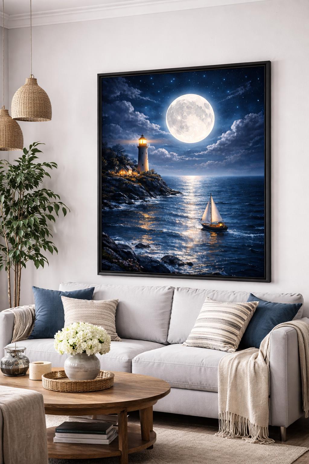 Moonlit Lighthouse Wall Art Printable, Dark Night Ocean Print, Full ...