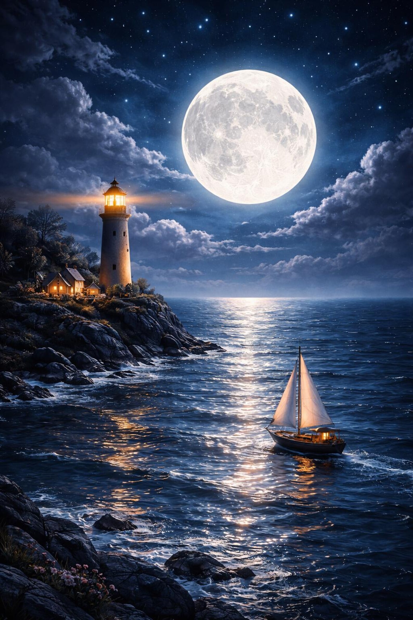 Moonlit Lighthouse Wall Art Printable, Dark Night Ocean Print, Full ...