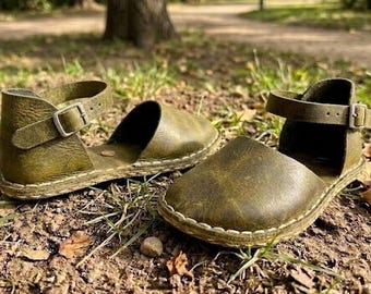 Handmade Leather Sandals Women : Greek Style Boho Sandals Summer Flats - Olive Green