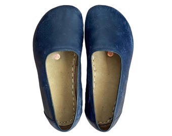 Leather Ballet Flats , Wide Toe Box Barefoot Shoes , Zero Drop Earthing Shoes - Navy Blue