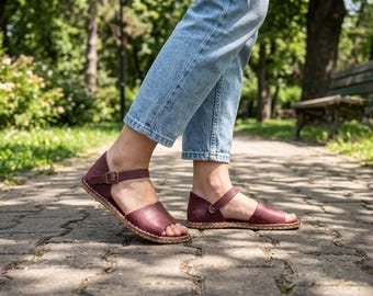 Grounding Sandals For Women : Wide Toe Box Shoes , Barefoot Sandals - Burgundy