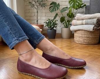 Leather Barefoot Ballerinas , Wide Toe Box Grounding Shoes , Handmade Zero Drop Slip-On Shoes - Burgundy