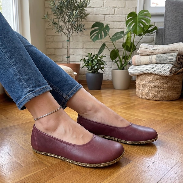 Leather Barefoot Loafers Women : Minimalist Flat Slip On Shoes , ZeroDrop Shoes-  Burgundy