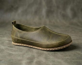 Handmade Grounding Moccasins Women : Genuine Leather Shoes , Copper Rivets , Barefoot Loafers - Khaki Green