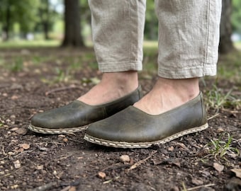 Women's Olive Green Leather Barefoot Ballet Flats, Wide Toe Box, Zero Drop Grounding Shoes