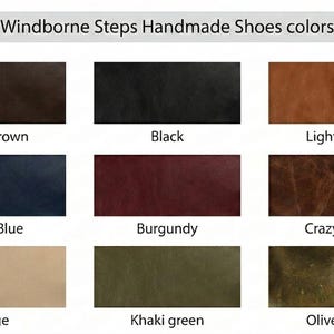 May include: A color chart titled Windborne Steps Handmade Shoes colors displaying nine rectangular swatches in dark brown, black, light brown, navy blue, burgundy, crazy brown, beige, khaki green, and olive green with corresponding text labels.
