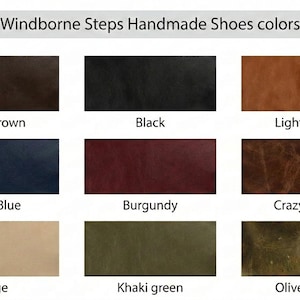 Peut inclure: Un nuancier intitul&eacute; Windborne Steps Handmade Shoes colors pr&eacute;sentant neuf &eacute;chantillons rectangulaires en marron fonc&eacute;, noir, marron clair, bleu marine, bordeaux, marron crazy, beige, vert kaki et vert olive avec leurs noms respectifs en dessous.