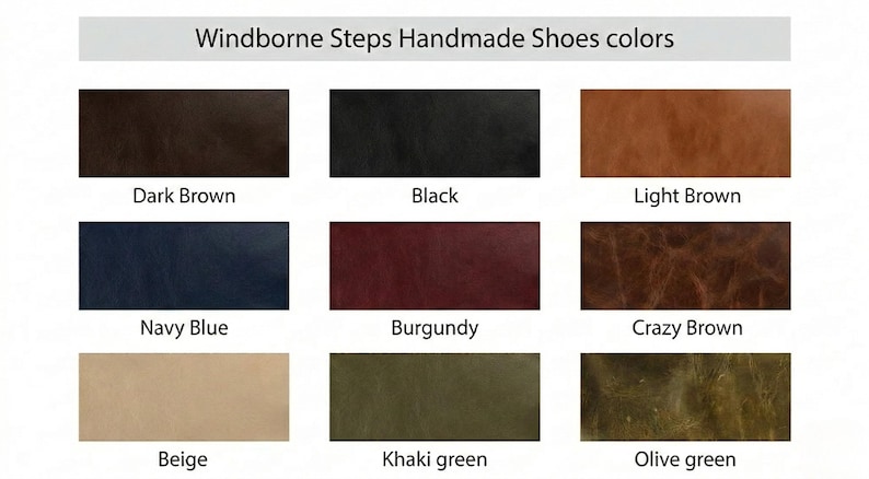 Peut inclure: Un nuancier intitul&eacute; Windborne Steps Handmade Shoes colors pr&eacute;sentant neuf &eacute;chantillons rectangulaires en marron fonc&eacute;, noir, marron clair, bleu marine, bordeaux, marron crazy, beige, vert kaki et vert olive avec leurs noms respectifs en dessous.