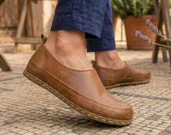 Handmade Grounding Moccasins Women : Genuine Leather Shoes , Copper Rivets , Barefoot Loafers - Light Brown