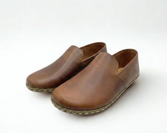 Handmade Leather Moccasins , Wide Toe Box Barefoot Shoes , Copper Riveted - Crazy Brown