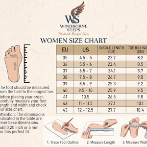 May include: A size chart for footwear featuring the Windborne Steps logo, a table with EU and US sizes, insole length, and toe box width in centimeters. It includes a diagram of a foot with length and width labels, and three instructional illustrations for measuring feet, with text instructions in English.