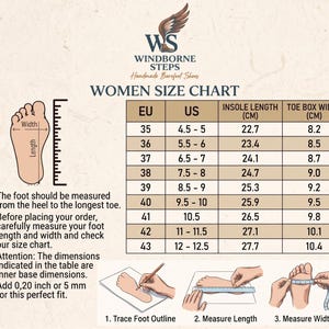 May include: A size chart for footwear featuring the Windborne Steps logo, a table with EU and US sizes, insole length, and toe box width in centimeters. It includes a diagram of a foot with length and width labels, and three instructional illustrations for measuring feet, with text instructions in English.