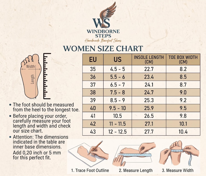May include: A size chart for footwear featuring the Windborne Steps logo, a table with EU and US sizes, insole length, and toe box width in centimeters. It includes a diagram of a foot with length and width labels, and three instructional illustrations for measuring feet, with text instructions in English.