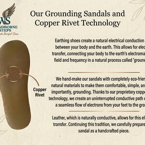 May include: A brown sandal sole featuring a central copper rivet, with text explaining Windborne Steps grounding technology. The graphic details how earthing shoes create a natural electrical conduction path between the body and the earth.