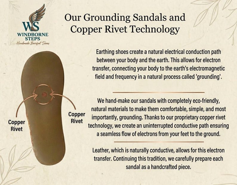 May include: A brown sandal sole featuring a central copper rivet, with text explaining Windborne Steps grounding technology. The graphic details how earthing shoes create a natural electrical conduction path between the body and the earth.