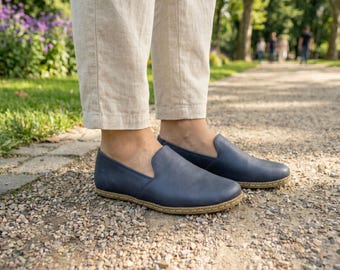 Leather Barefoot Loafers , Grounding Shoes Women , Wide Toe Box Moccasins -Navy Blue