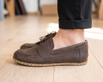 Handmade Grounding Moccasins Women : Genuine Leather Shoes , Copper Rivets , Barefoot Loafers - Dark Brown