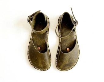 Grounding Sandals For Women : Wide Toe Box Shoes , Barefoot Sandals - Olive Green
