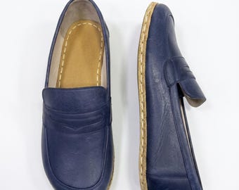 Handmade Leather Grounding Moccasins: Women's Barefoot Comfort Shoes - Navy Blue