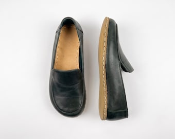 Handmade Leather Moccasins, Wide Toe Box, Copper Rivet Grounding Shoes - Bottle Green