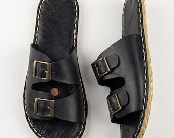 Handmade Leather Grounding Shoes : Leather Barefoot Slippers - Black