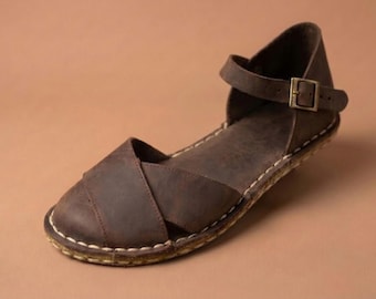 Handmade Grounding Barefoot Sandals: Women's Leather Earthing Shoes with Copper Rivet - Dark Brown