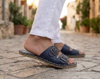 Minimalist Men Barefoot Sandals: Handcrafted Earthing Leather Slippers - Zero Drop - Navy Blue