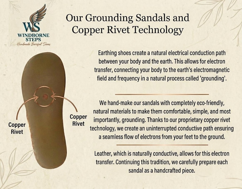 Peut inclure: Une semelle de sandale en cuir marron avec un rivet en cuivre central. Le texte indique : Our Grounding Sandals and Copper Rivet Technology. Les chaussures de mise &agrave; la terre cr&eacute;ent un chemin de conduction &eacute;lectrique naturel.