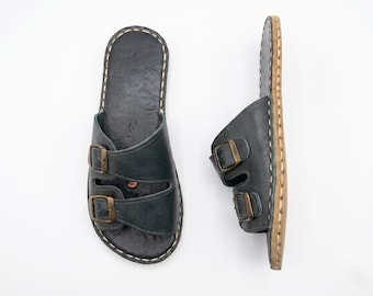 Grounding Slippers Women, Leather Earthing Barefoot Shoes , Grounding Sandals – Wide Toe Box Zero Drop - Bottle Green