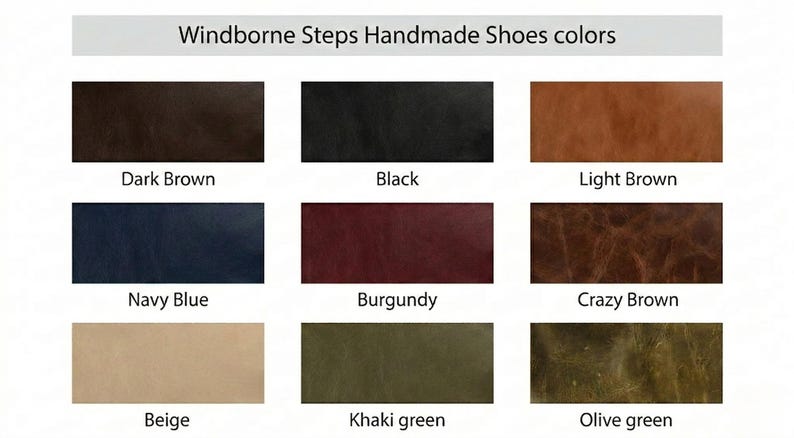 Puede incluir: Una carta de colores para zapatos hechos a mano Windborne Steps. La tabla muestra nueve muestras de color: marr&oacute;n oscuro, negro, marr&oacute;n claro, azul marino, borgo&ntilde;a, marr&oacute;n loco, beige, verde caqui y verde oliva.
