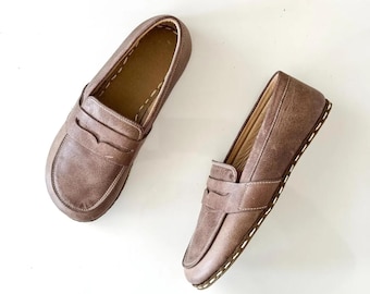 Leather Barefoot Loafers , Grounding Shoes Women , Wide Toe Box Moccasins - Light Brown
