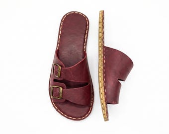 Grounding Slippers for Women, Handmade Leather Earthing Barefoot Shoes with Copper Rivet – Wide Toe Box Shoes  - Burgundy