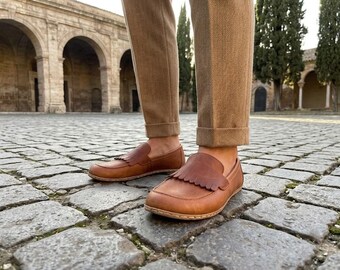 Men Barefoot Moccasins, Leather Grounding Shoes, Wide Toe Box Loafers - Light Brown