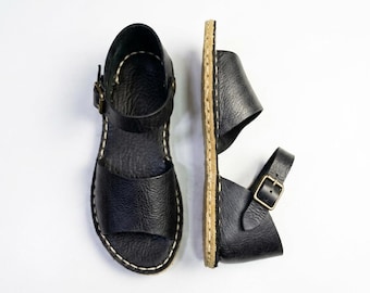Barefoot Leather Sandals , Women Grounding Sandals , Wide Toe Box Shoes - Black