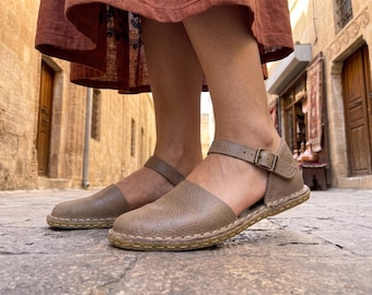 Leather Barefoot Sandals For Women : Wide Toe Box Grounding Shoes ,  Zero Drop - Beige