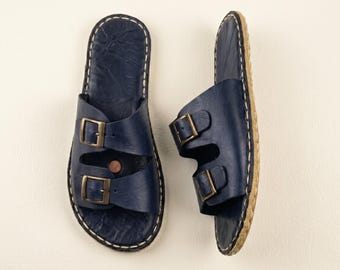 Leather Women Barefoot Slippers : Wide Toe Box Grounding Shoes , Zero Drop Sandals - Navy Blue
