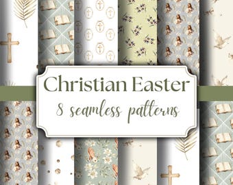 Christian Easter Seamless Patterns PNG Religious Easter Digital Paper, Cross, Bible, Dove Watercolor Backgrounds, Scrapbook, Sublimation