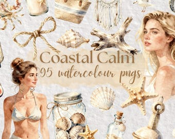 Neutral Coastal Clipart Bundle, Beach Aesthetic PNG, Soft Summer Seaside Clipart, Coastal Calm Graphics, Ocean Summer PNG, Commercial Use