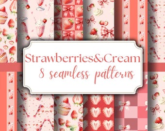 Strawberries and Cream Seamless Patterns PNG | Pink Strawberry Digital Paper | Cute Summer Backgrounds | Scrapbook, Fabric, Wrapping Paper