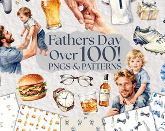 Father’s Day Clipart Bundle, Dad PNG Bundle, 80+ Images, Dad Hobbies Clipart, BBQ Beer Coffee PNG, Seamless Patterns, Commercial Use