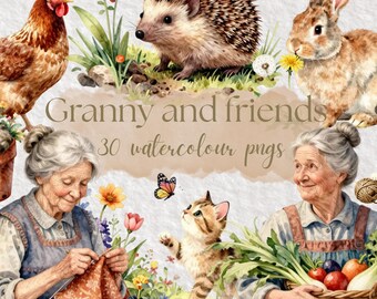 Grandma Garden Clipart Bundle | Cottagecore Granny PNGs, Gardening Grandma, Kittens Birds Bunny Hedgehog, Watercolor Vintage Garden Clipart