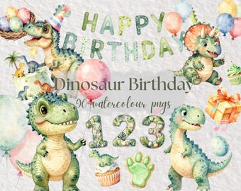 Dinosaur Birthday Clipart Bundle, Watercolor Dino Party PNG Baby Dinosaur Clip Art, Graphics, dinosaur birthday invite, card, cake topper