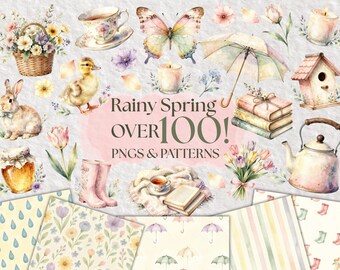 April Showers May Flowers Clipart & Seamless Patterns Bundle, Spring Watercolor PNG, Floral Clipart Set, Cottagecore Spring Patterns