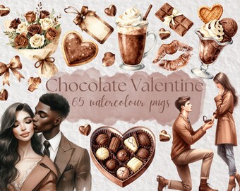 Chocolate Valentine’s Day Watercolor Clipart Bundle – Sweet Desserts, Candy, Love-Themed PNG, commercial use