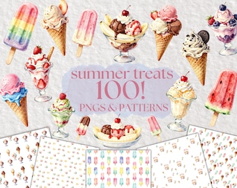 Ice Cream Clipart Bundle PNG, 100 Watercolor Summer Dessert Graphics, Cones Sundaes Ice Lollies, Seamless Patterns, Pastel Digital Download