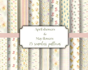 Cottagecore spring seamless pattern bundle, April showers may flowers rainy Spring Scrapbook paper seamless background commercial use PNGs