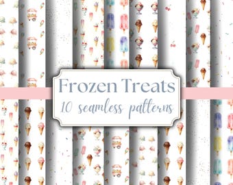 Ice cream summer Seamless Patterns Bundle frozen treats & Ice Lolly Digital Paper Watercolor Patterns, Dessert Backgrounds, Pastel Clipart