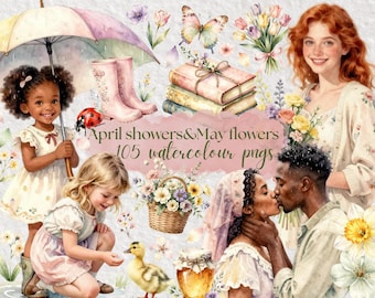 April Showers May Flowers Clipart Bundle | Spring Cottagecore Watercolour PNG | garden | animals | rainy day | stickers, cards, scrapbook