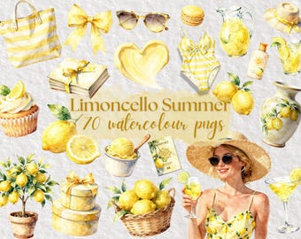 Limoncello Summer Clipart Bundle PNG, Italian Summer Aesthetic Lemon Clipart, Mediterranean Watercolor Clip Art, Citrus Lemon Graphics Pack